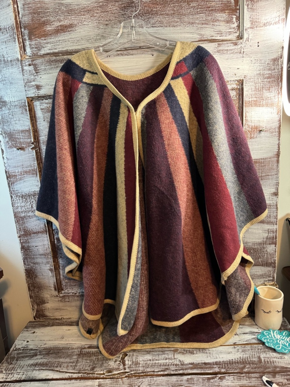 Striped Poncho with Yellow Trim